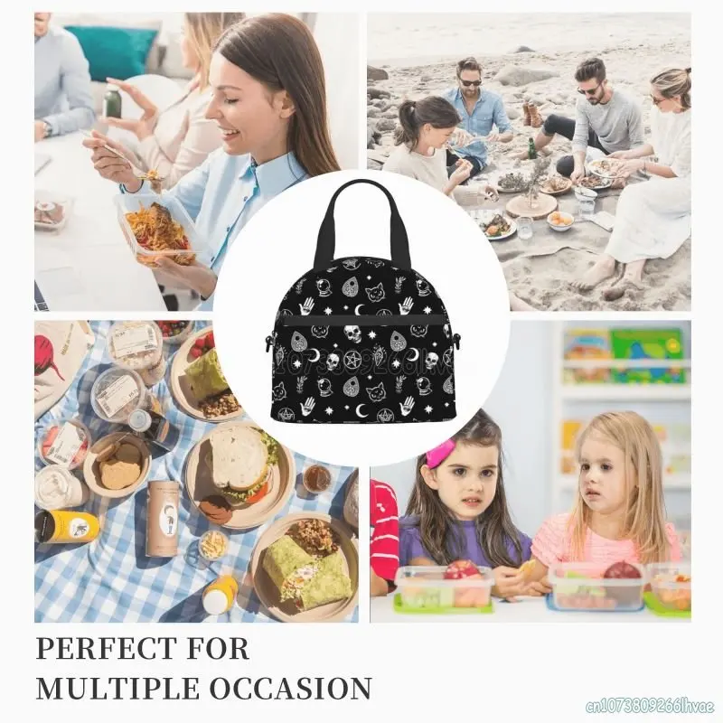 Black Witch Skull Moon Divination Insulated Lunch Bag Portable Thermal Cooler Bento Box for Women Children School Work Picnic