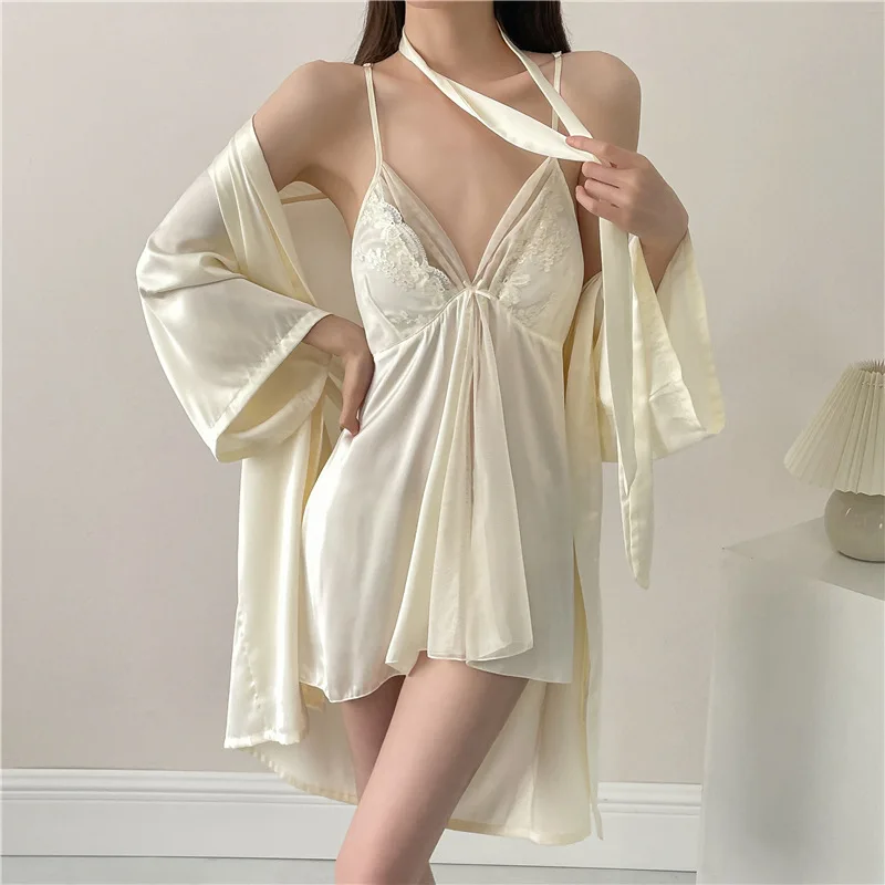 

Two Piece Lace Mesh Robe Set Summer Kimono Sleepwear Nightgown Loungewear Women Silky Satin Bathrobe Gown Sleep Suit Lingerie