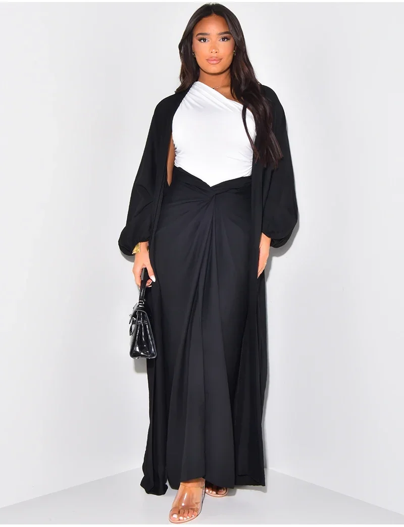 Autumn Winter Fashion Two Piece Set Muslim Women Elegant Solid Long Cardigan Twisted Skirt Two Piece Set Women