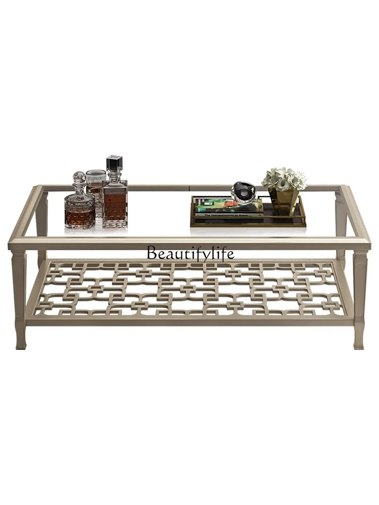 Italian light luxury tempered glass coffee table American solid wood model room square combination