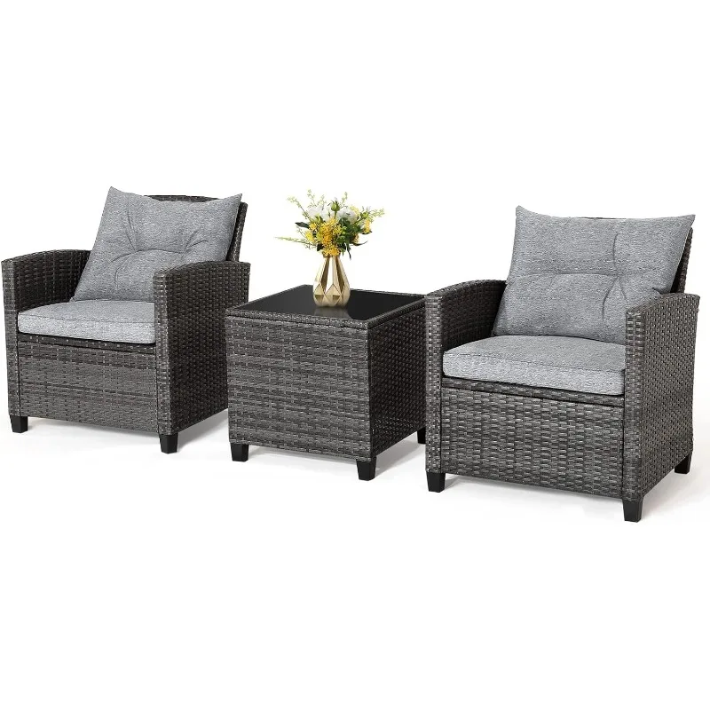 

RELAX4LIFE 3 Piece Patio Furniture Set, Wicker Bistro Conversation Set w/ 2 Cushioned Armchairs & Glass Topped Table, Outdoor