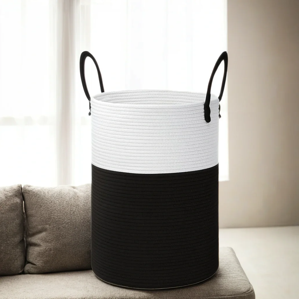 

Laundry Hamper With Long Handle, Tall Woven Cotton Rope Basket, Blanket Storage Box, Black and White, Brown and White Bin