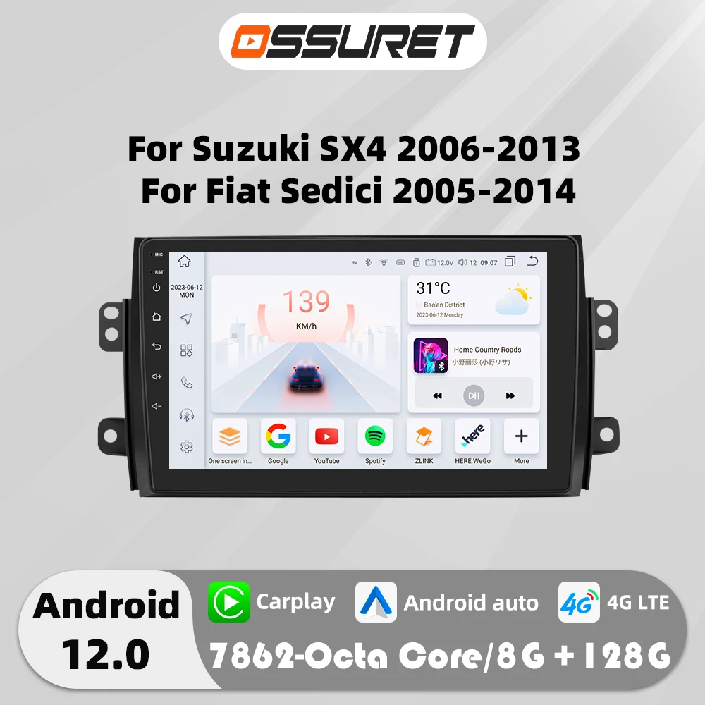 

Android 12 for Suzuki SX4 2006-2013 Car radio For Fiat Sedici multimedia player 4G 8Core Autoradio GPS navi Carplay SWC HeadUnit