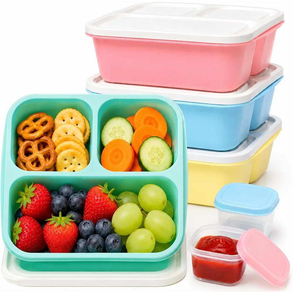 3 Compartment Bento Box Snack Containers for Adults Reusable Stackable Leakproof Meal Prep Food Storage Containers with Sauce Cups Perfect for Office Lunch Work School Picnic Travel Healthy Eating Portion Control
