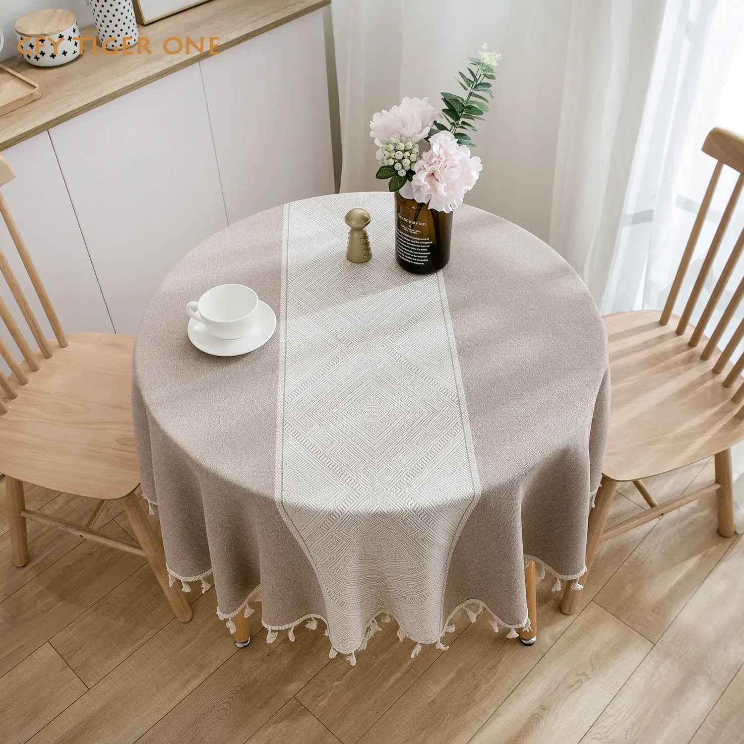 

Cotton Linen Japanese Jacquard Geometric Round Tablecloth Tassel Tablecloth Able Tea Round Table Map Table Cover Dining Room