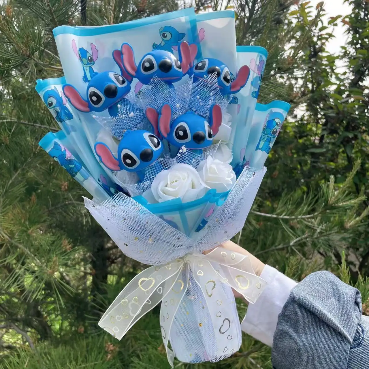 

Vinyl Doll Stitch With Action Figures Toys Artificial Flowers Handmade Bouquets Valentine Christmas Graduation Birthday Gifts