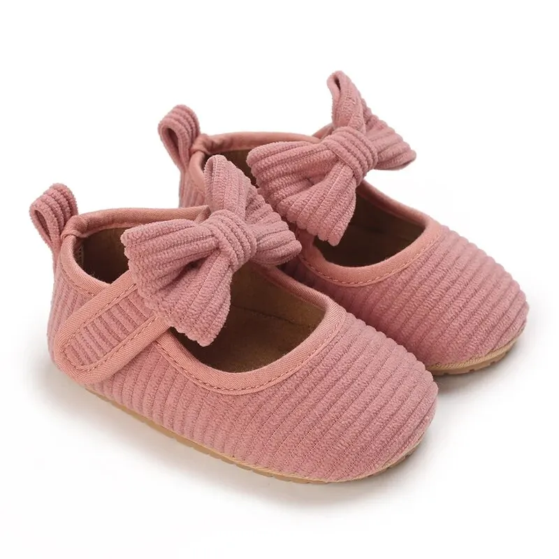 Baby Girl Shoes Corduroy Bow Flats Non-slip Soft Sole Newborn Walker Toddler Formal Sandals