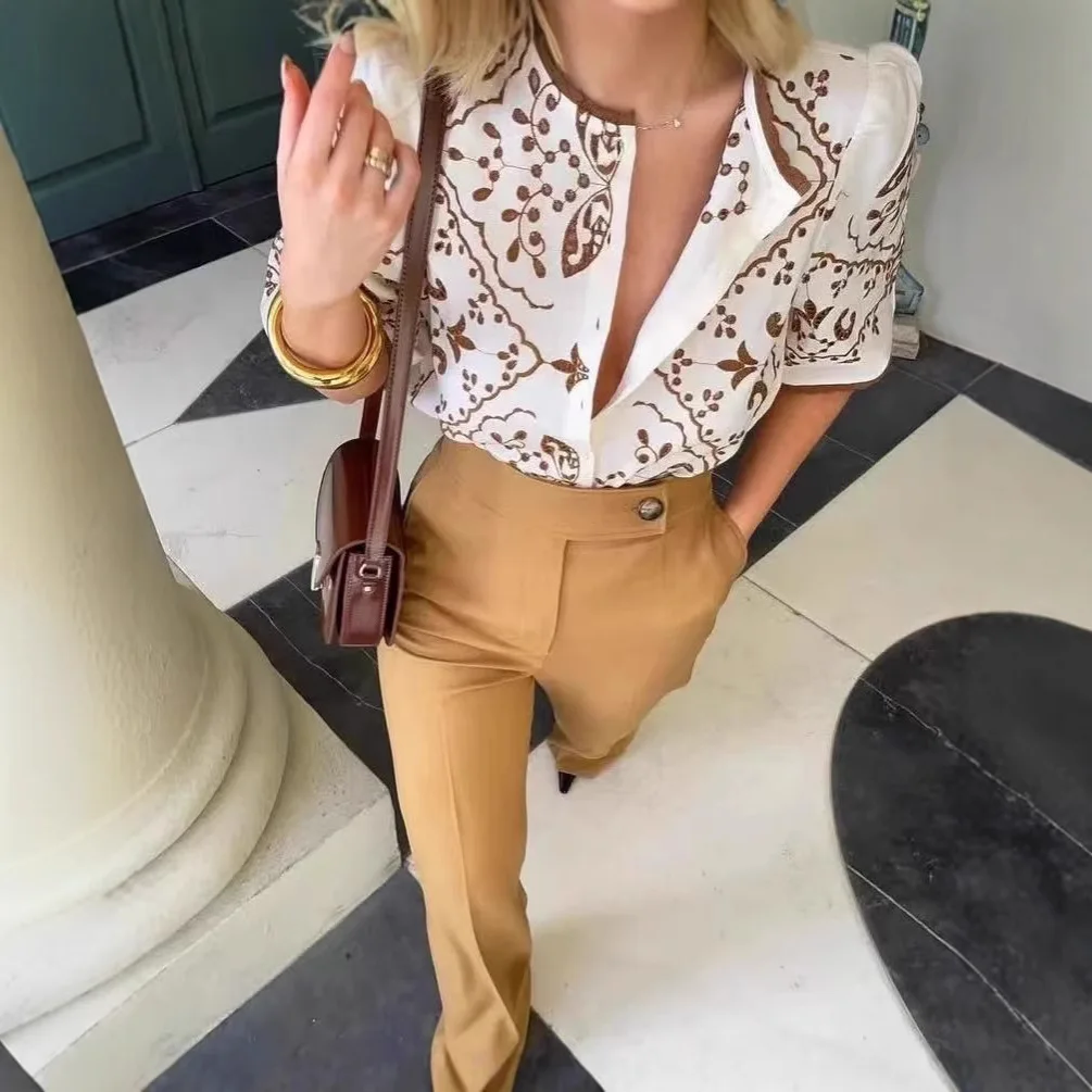 2025 Sezanes Fashion T-shirt Short Sleeve Top New Vintage Embroidery Floral Round Neck Lace Loose Hollow Out Shirt