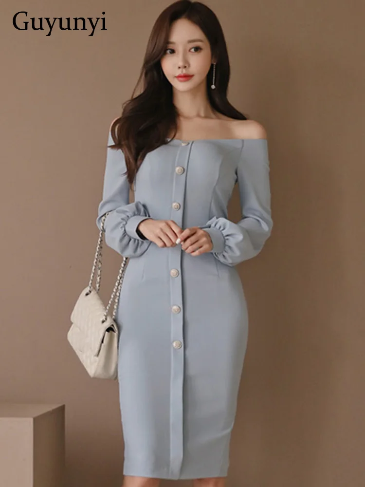 

Elegant Office Lady Dress Clip Shoulder Puff Sleeve Off Shoulder Slash Neck Single Breasted Decoration Sexy Tight Party Dress