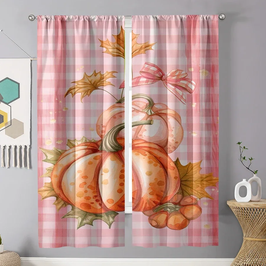 Autumn Pumpkin Fall Harvest Window Curtains Pink Plaid Seasonal Decor for Nursery Bedroom Home Accent