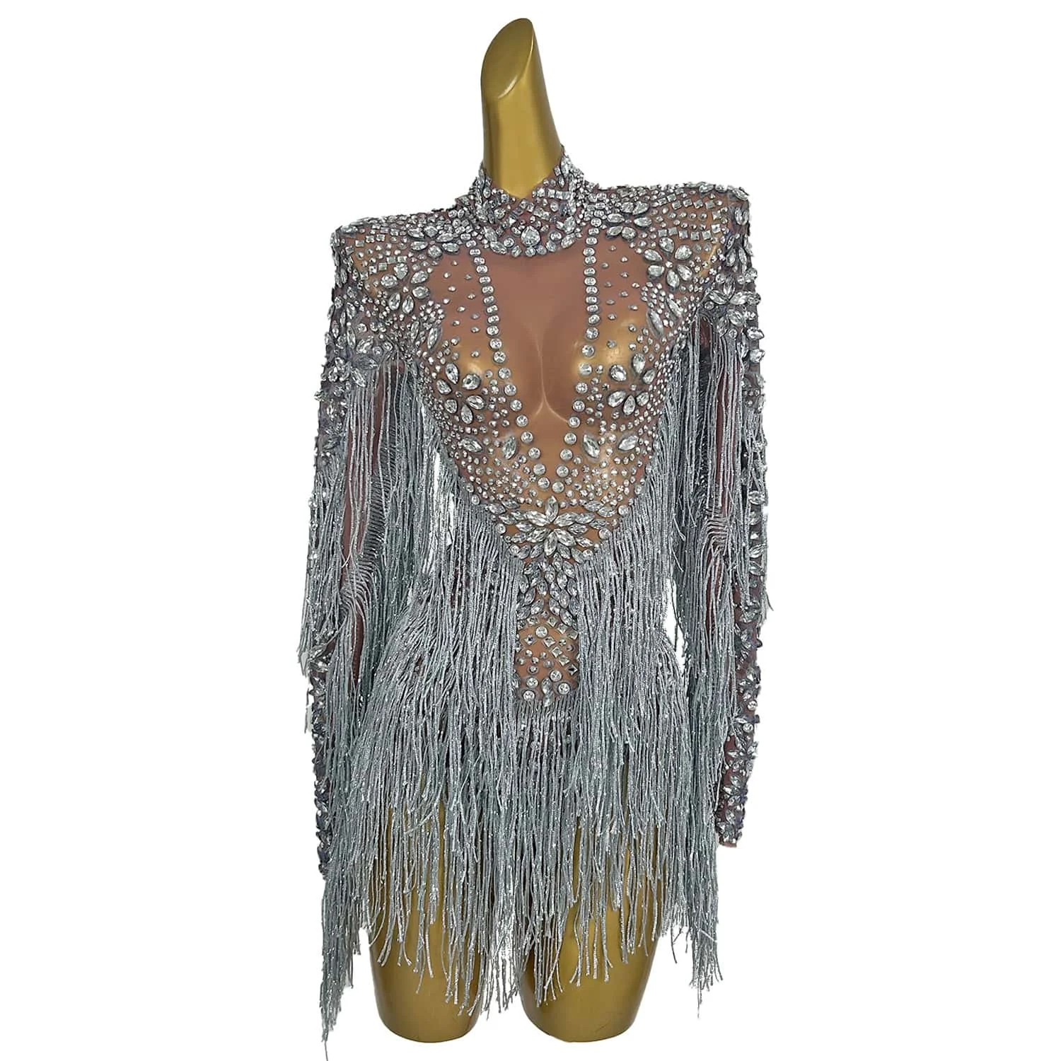 Damesmode Kristal Kralen Franjes Bodysuit Glitter Sprankelende Sexy Danseres Podium Kostuum Nachtclub Feest Prom Jurken Shenhui