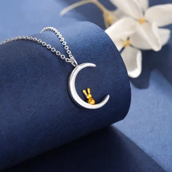 Cute Animal 925 Sterling Silver Rabbit Moon Clavicle Chain Pendant Necklaces