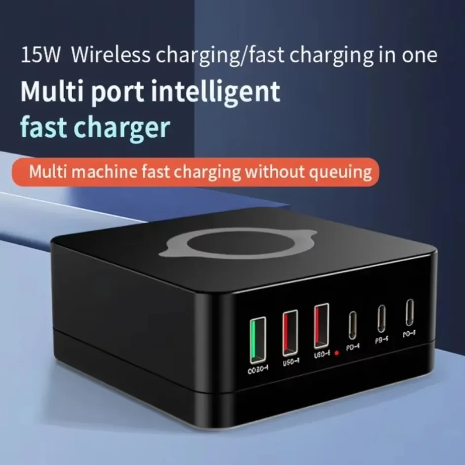 All-in-One 6-Port GaN Desktop Charging Station 3 USB-C 3 USB-A PD QC3.0 15W Wireless Charging for Home Office Travel
