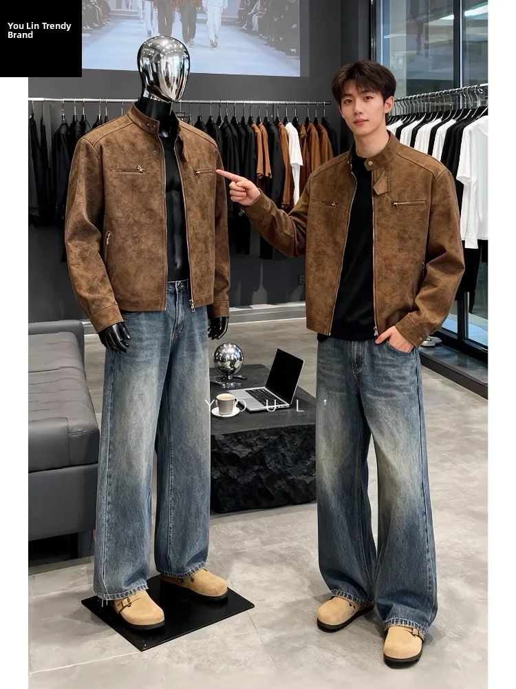 

Мужской ретро-жилет из искусственной кожи (PU) в стиле мотоциклетной куртки с воротником-стойкой и молнией, модель Harington, из хлопка