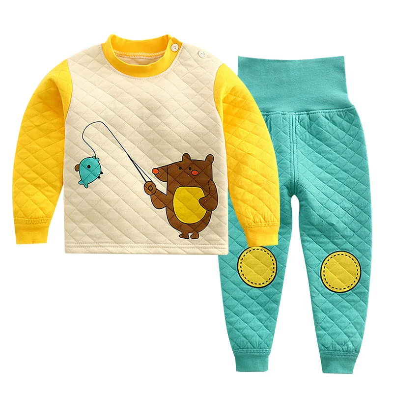 Children's warm underwear set winter pure cotton boys girls three-layer cotton clip high waist belly protection home clothingset