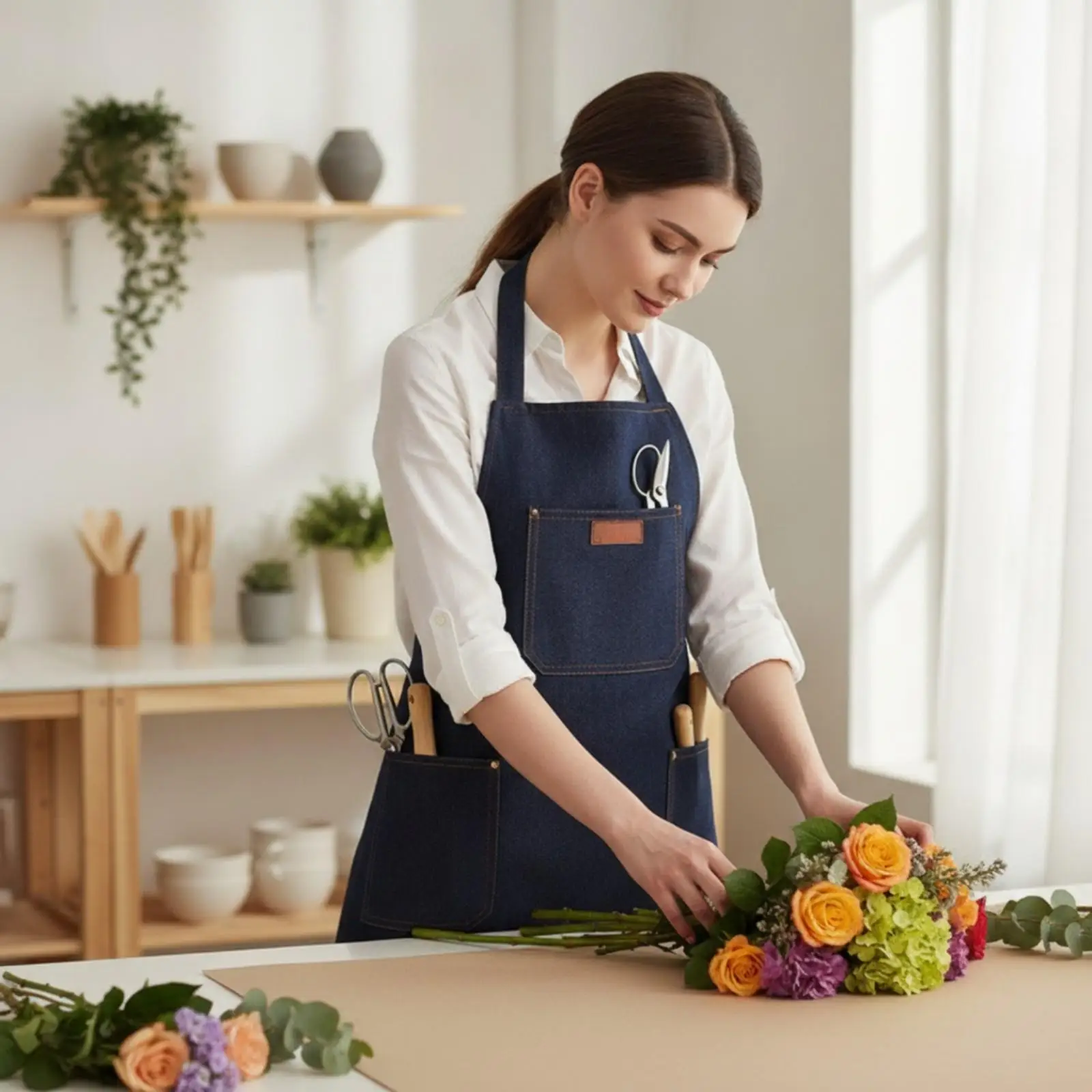 Split-Leg Denim Apron Versatile Denim Bib Apron Stain-Resistant Breathable for Potters, Kitchen, Crafting