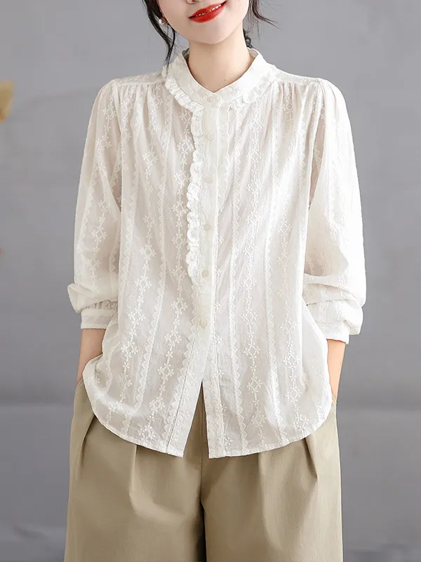 

Повседневная корейская/японская вышитая блузка для женщин: универсальная, стройнящая, художественная, элегантная, с длинным рукавом, весенняя