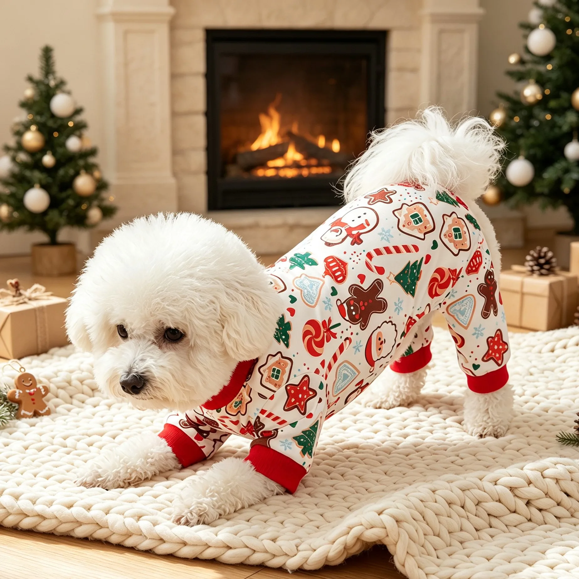 Vierbeinige Haustierkleidung, Lebkuchenmann, Schneemann, Weihnachtsmann, Weihnachtsbaum, Zuckerstange, Weihnachtsbonbon, vollflächig bedruckter Vierbeiniger Haustier-Pyjama – Detail 6