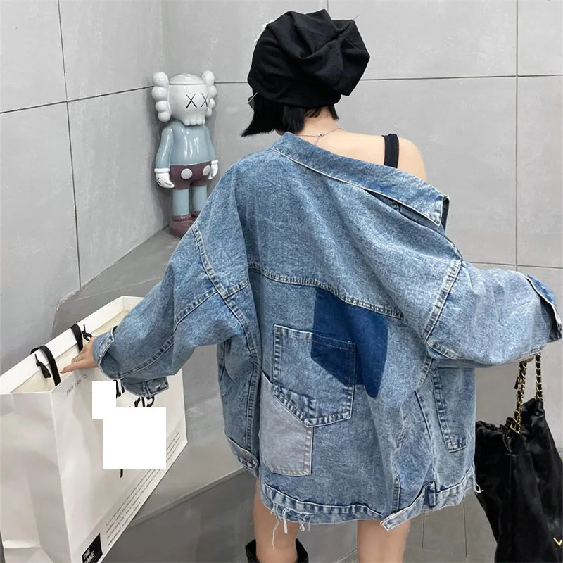 Top Spring And Autumn Outfit Large Size Hole Pocket Colorful Denim Coat Women's Loose Korean Medium Length Jeans Jaqueta Z981