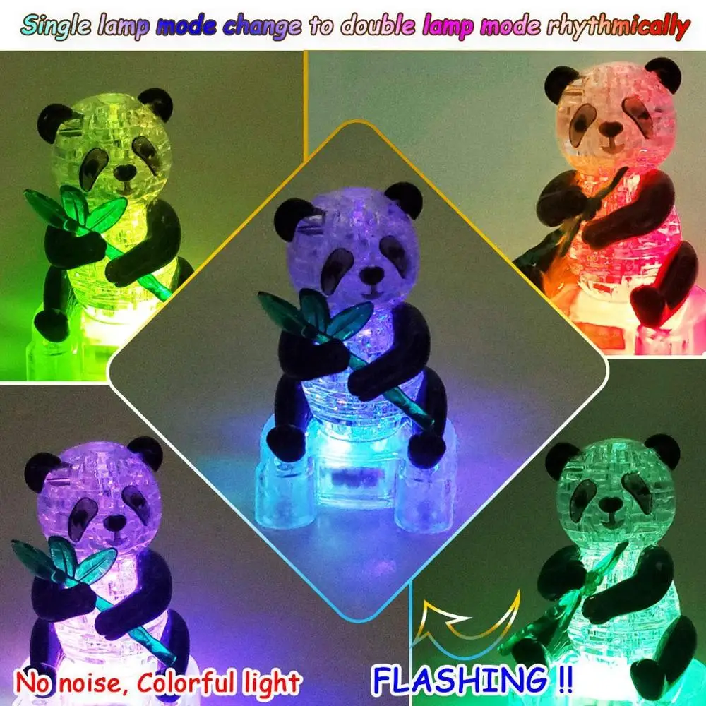 3D Crystal Panda Puzzle with Flashing 3D Jigsaw Assembled Cute Animal Puzzles DIY Model Intelligence Toys Birthday Gift for Kids