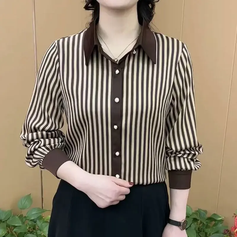 

Office Lady Striped Stylish Spliced Shirt Spring Autumn Commute Turn-down Collar Loose Women's Clothing Single-breasted Blouse