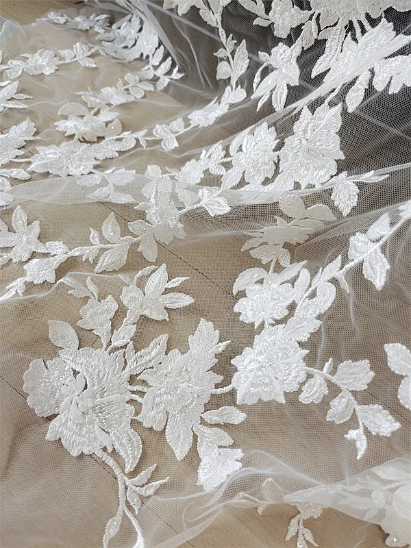 Embroidered Cotton Novelty 2023 Wedding Dress Lace Fabric with Sequins Ivory Color 130CM Wide Florals Dress Material