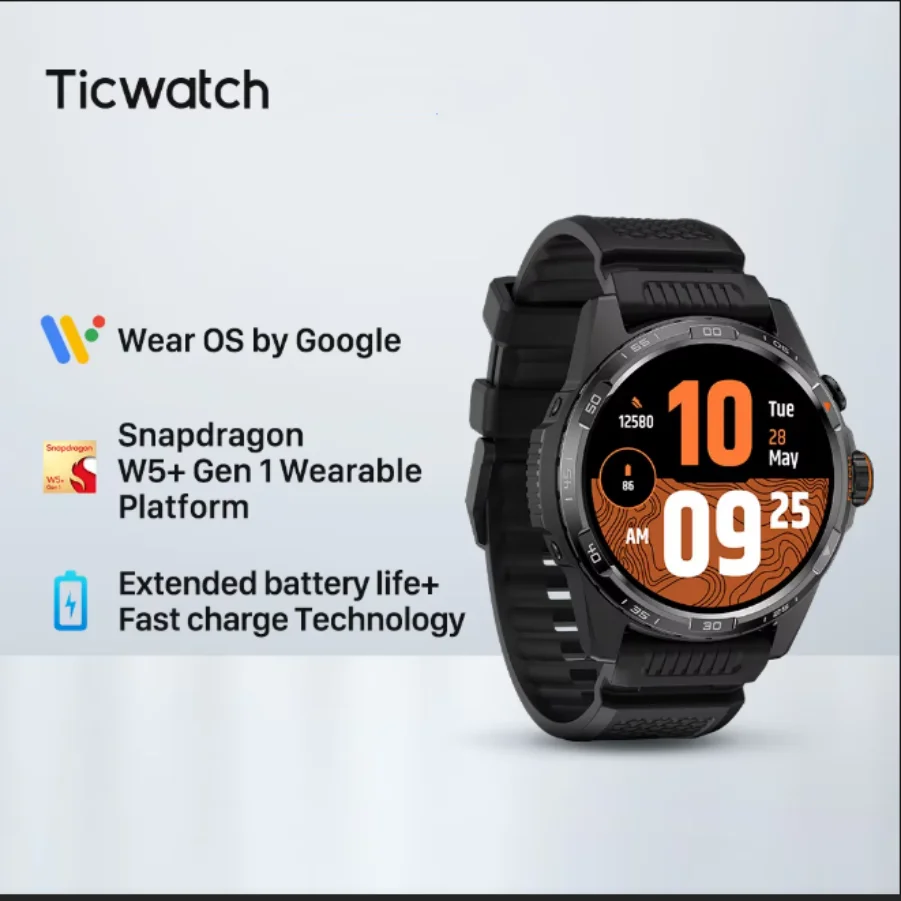 TicWatch Atlas Black Smartwatch, max 45 days Battery, motion tracking, GPS, barometer, compass, 110+ workout, only for Android