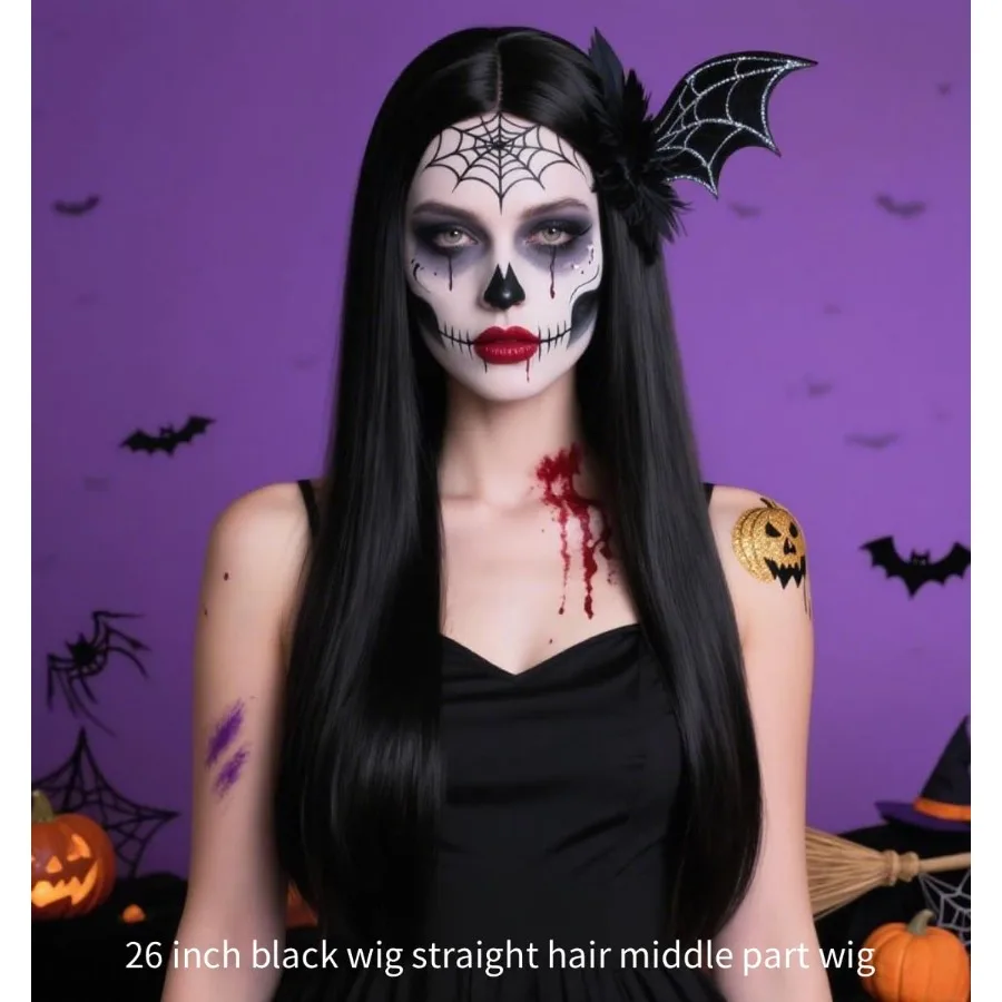 شعر مستعار أسود طويل مستقيم الجزء الأوسط 26 بوصة شعر مستعار صناعي بديل لمهرجان الهالوين والحفلات التنكرية بمظهر واقعي #2