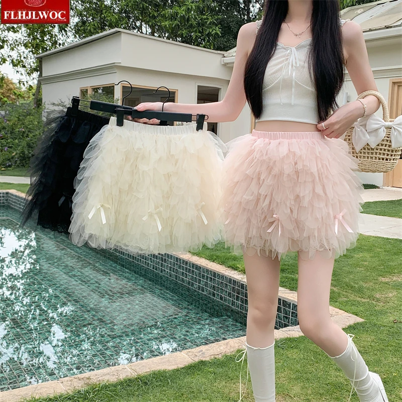FLHJLWOC French Style Mesh Tulle Skirt A-Line Layered Puff Mini Skirts Japan Girls Cute Short Petticoat for Party Club Outfits