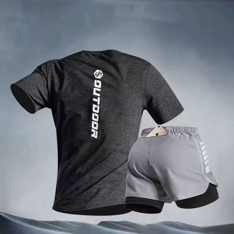 

Спорт на открытом воздухе с принтом Fiess Велоспорт Мужской комплект Легкоатлетические шорты с эластичной резинкой на талии Быстросохнущая дышащая тонкая футболка с короткими рукавами