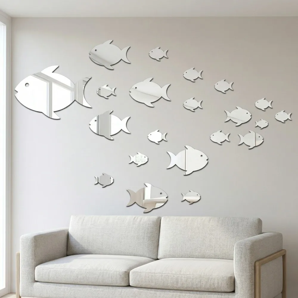 Silver Fish School Wall Stickers Frameless Acrylic Backdrop Wall Sticker Ocean Theme Nautical Theme Fish Shaped Mirror