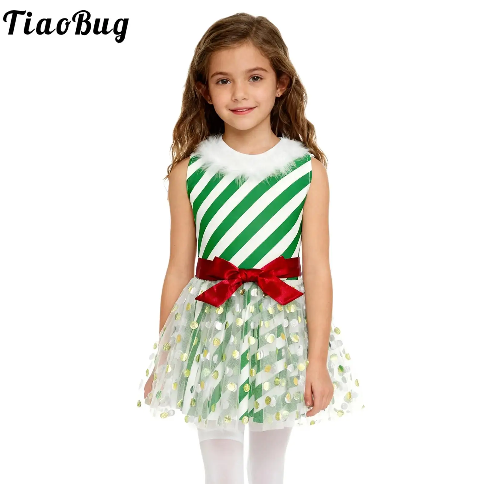 

Рождественский костюм Санта-Эльфа для девочек, праздничная вечеринка, яркая трость, балетное платье для фигурного катания, полосатый тюлевой купальник без рукавов