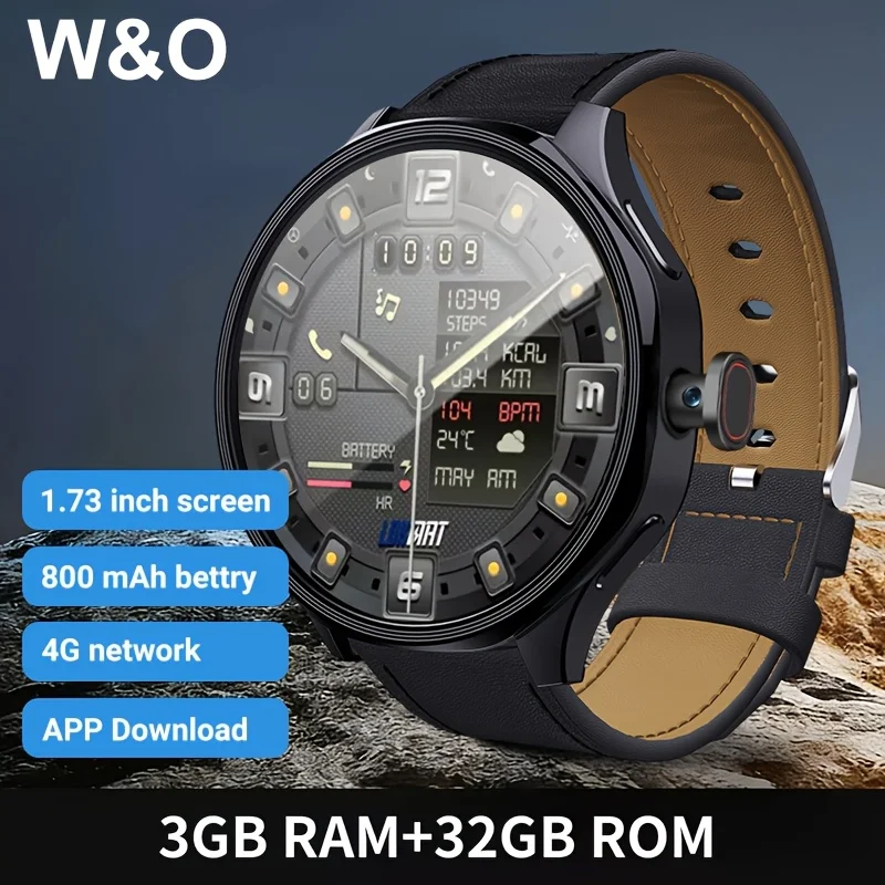 Android 4G SIM Smartwatch, Large 1.73-inch AMOLED Display, 3 GB RAM + 32 GB Storage for Men and Women, Rotating Camera, Wi-fi, GPS, 800 MAh Battery, Activity Tracker