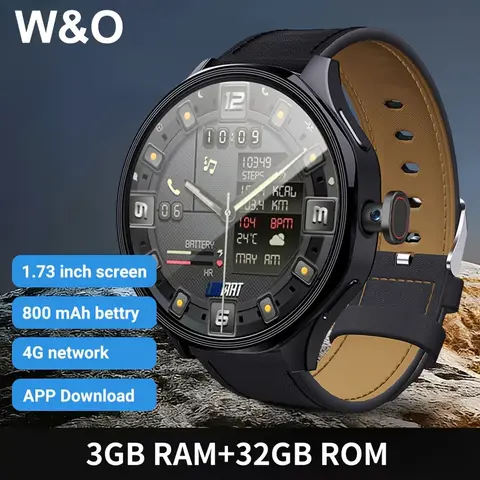 Android 4G SIM Smartwatch, Large 1.73-inch AMOLED Display, 3 GB RAM + 32 GB Storage for Men and Women, Rotating Camera, Wi-fi, GPS, 800 MAh Battery, Activity Tracker