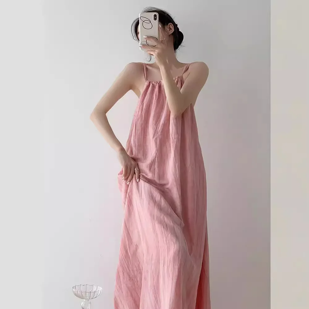 

Pink Blend Dress For Women, Slimming And Elegant, Big Swing Dress, Sleeveless Long Skirt, Vacation Suspender