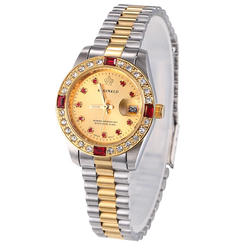 Fashion REGINALD Top Brand Full Golden Stainless Steel Watch Date Crystal Styles Ladies Dress Clock Water Proof Dress Wristwatch