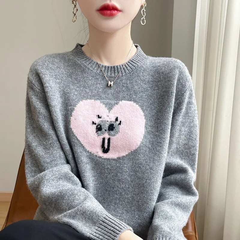 Double-Strand Thickened Wool Bottoming Shirt Korean Love Smiling Face Embroidery Design round Neck Women's Pullover