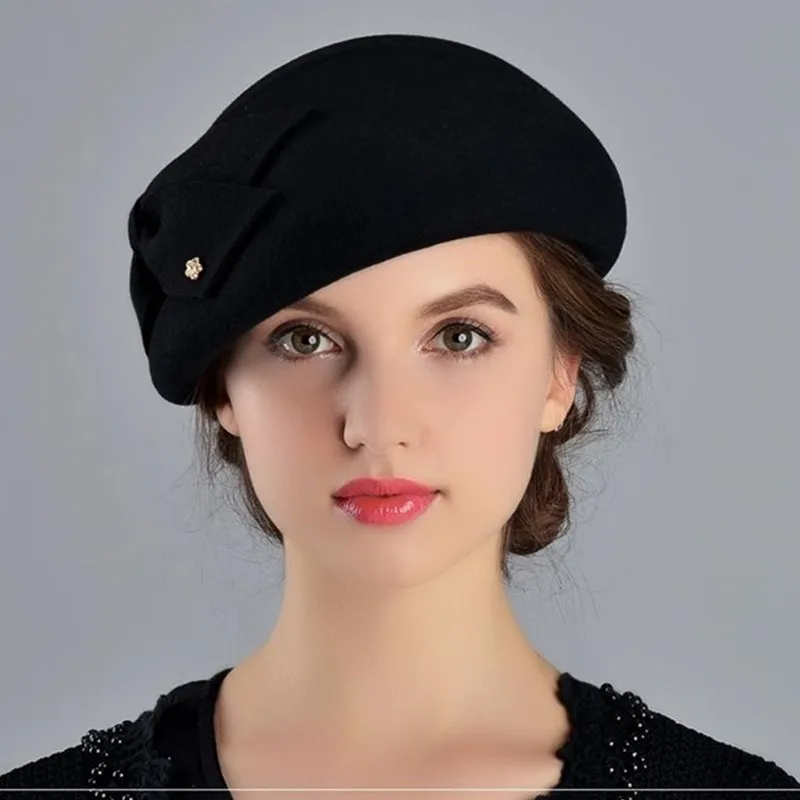 French Berets Caps For Women Fashion 100% Wool Felt Fedora Hat Winter Blue Purple Red Church Female Vintage Cloche Hats H46