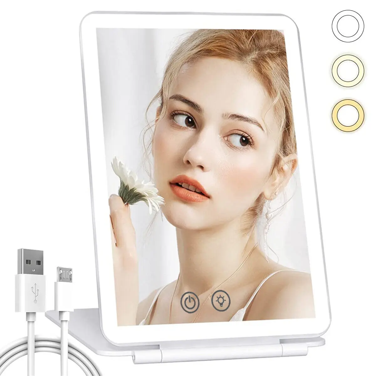 Foldable Makeup Mirror Touch Screen Makeup Mirror 3 Colors Light Modes Cosmetic Mirrors USB Rechargeable Folding LED Mirror