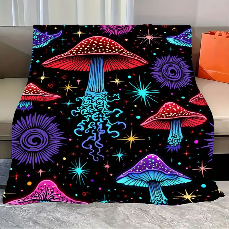 

1pc Flannel Blanket Psychedelic Mushroom Blanket - Vibrant Cosmic Design for Cozy Nights