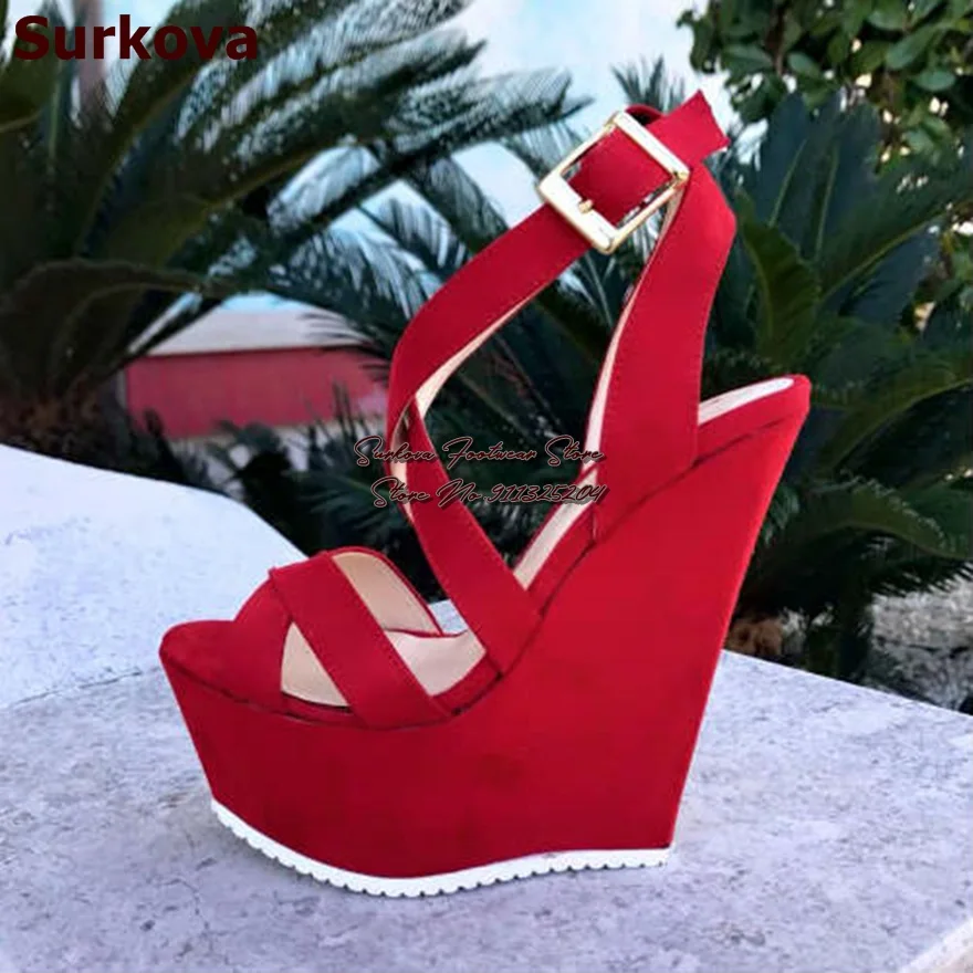 

Surkova Red Suede Sky High Wedged Heel Sandals Platform Cross Strap Dress Shoes Buckle Open Toe Gladiator Pumps Size46