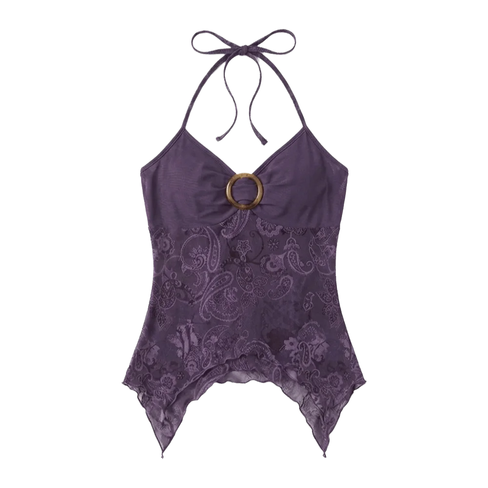 Streetwear Slim Fit Women Crop Top Flower Printed Irregular Retro Vest Patchwork Mesh Neck Hanging Vest Daily