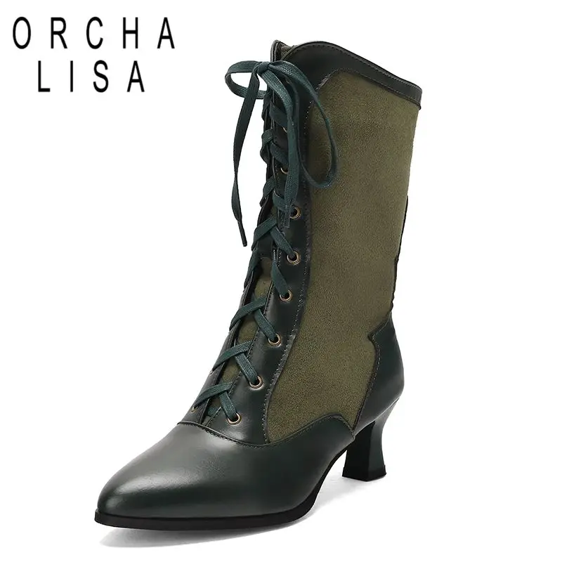 

ORCHA LISA Горячие разноцветные женские сапоги до середины икры с острым носком на шнуровке 5,5 см, маленькие каблуки, большой размер 46 47 48, повседневные зимние