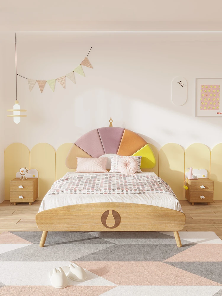 Princess bed modern girl kids single bed cream bed leather upholstery dream girl kids room solid wood