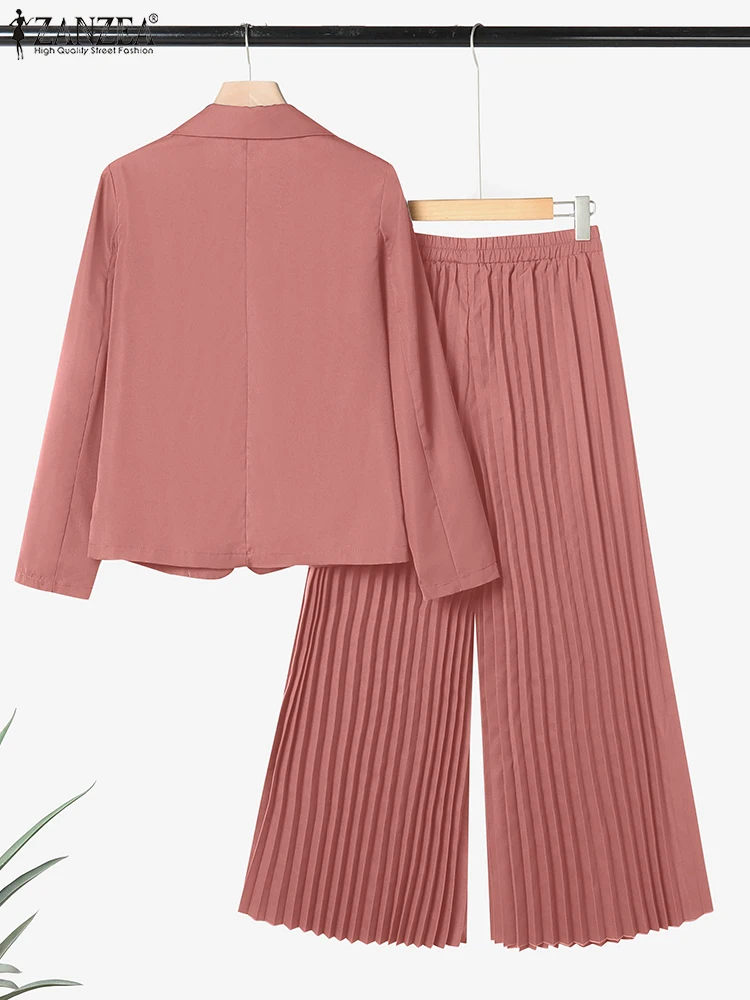 ZANZEA Autumn 2 Piece Sets Women Office Outfits 2025 Elegant Long Sleeve Blazer Wide Leg Pleated Trousers Suit Muslim Tracksuits