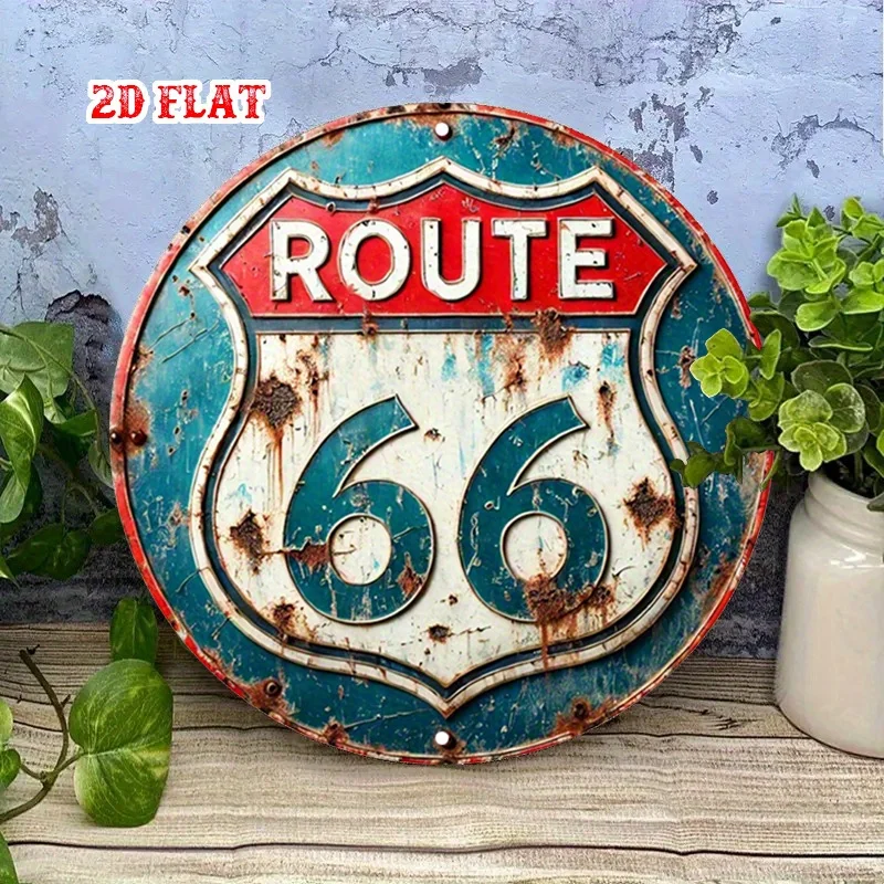 2D flat 1pc travel circular wooden sign, retro Route 66 rural wooden art, home, garage, restaurant decoration