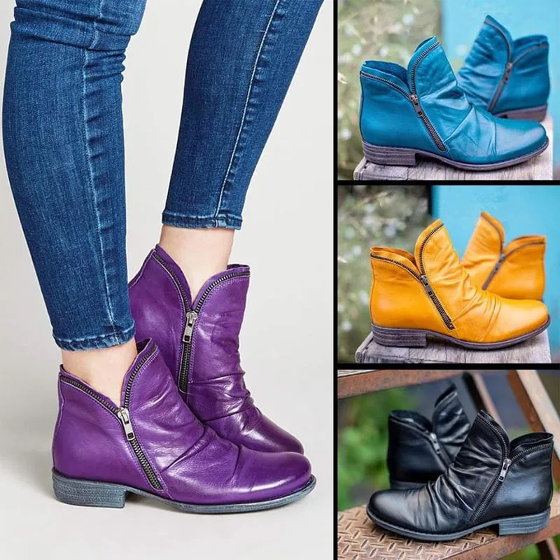 Fashion Purple Blue Ankle Boots Woman Autumn Casual Flat Pu Leather Short Booties Ladies Metal Zip Deco Pleated Design Botas