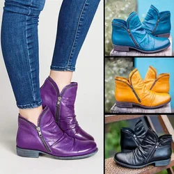 Fashion Purple Blue Ankle Boots Woman Autumn Casual Flat Pu Leather Short Booties Ladies Metal Zip Deco Pleated Design Botas