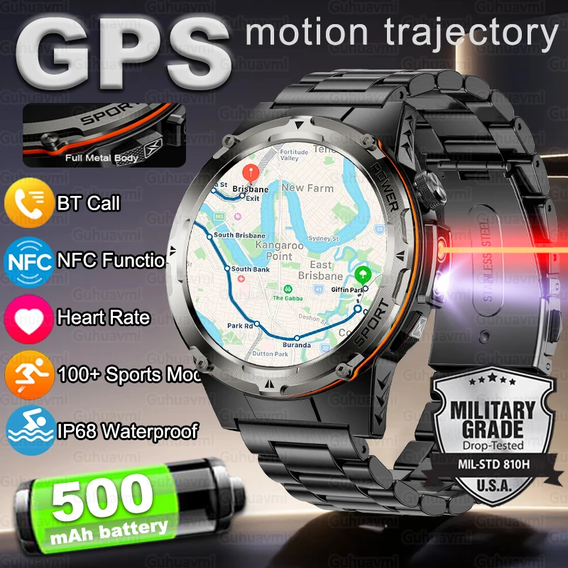 

2025 New GPS Men SmartWatch 3ATM Waterproof Bluetooth Call NFC Infrared Radiation + Ultraviolet Lamp Military Sport Smart Watch