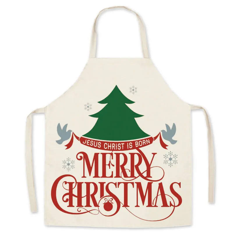 Christmas Linen Print Cleaning Apron Tree New Year Holiday Ladies Kitchen